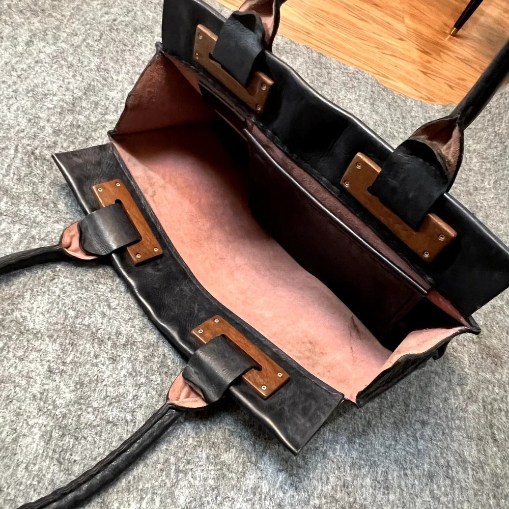 Francisco Mondet Leather and Wood Tote Bag Purse Large Designer Handmade Fashion